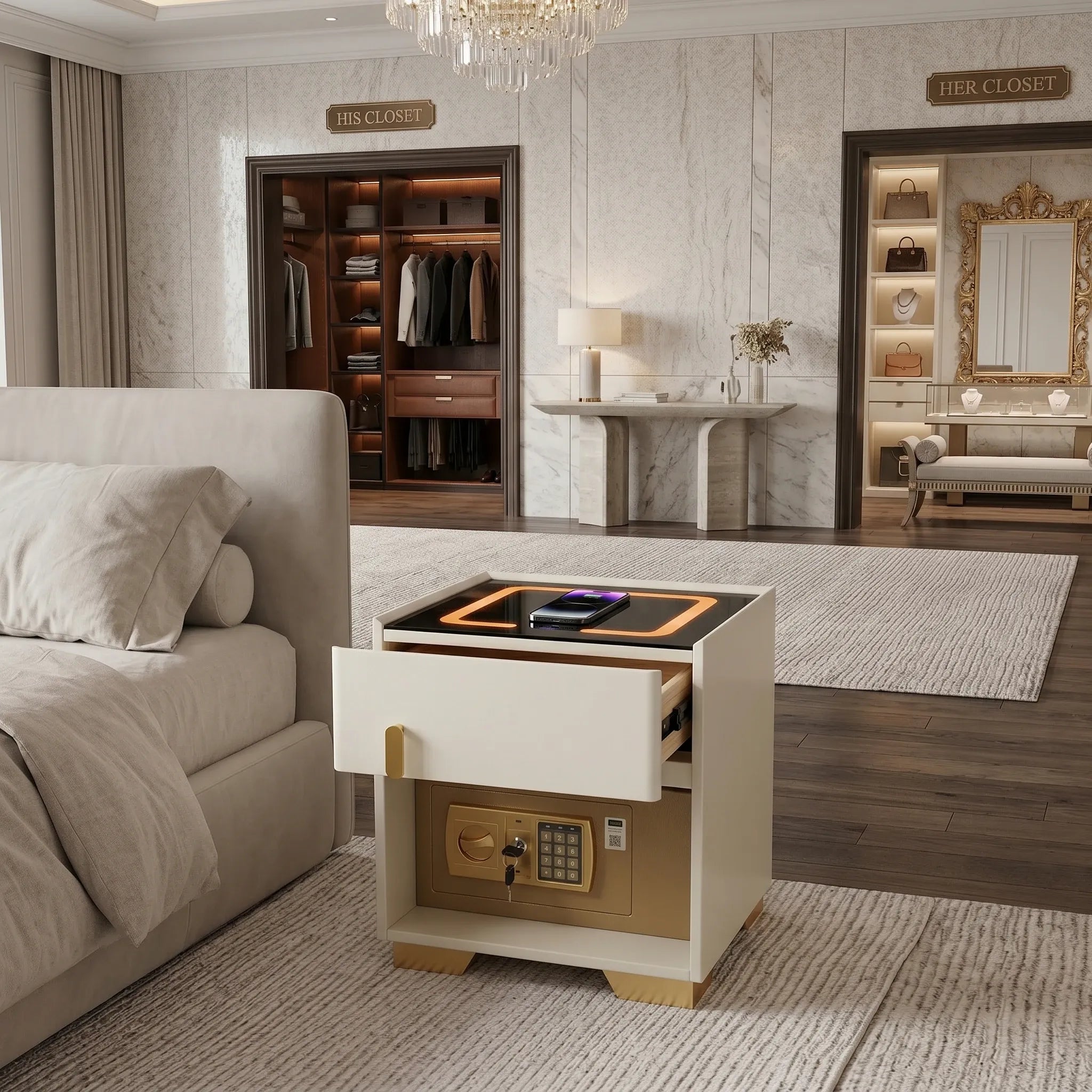 Smart Nightstand w/ Drawer & Safe Wireless Charging Nightstand Solid Wood Night Stand w/ 2 Drawers LED Bedside Tables for Bedroom