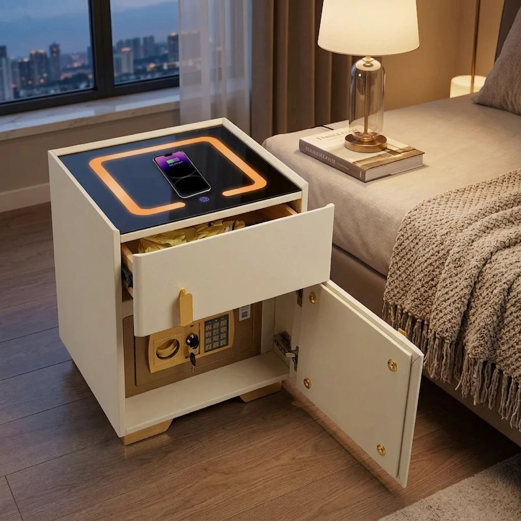 Smart Nightstand w/ Drawer & Safe Wireless Charging Nightstand Solid Wood Night Stand w/ 2 Drawers LED Bedside Tables for Bedroom