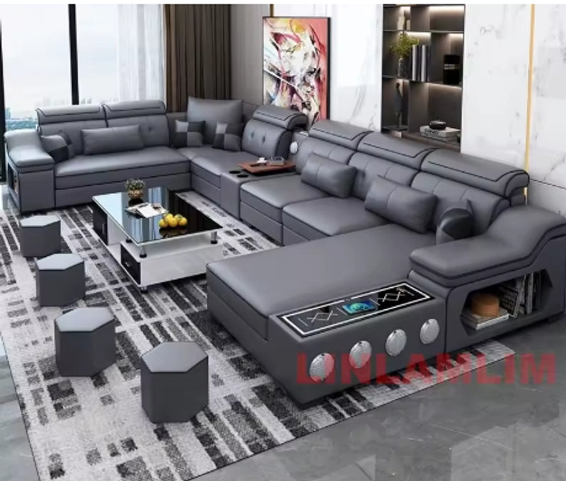 Modern Scientific Cloth Sectional Sofa Set with Chaise Lounge, Bluetooth Speakers, and USB Charging Ports for Living Room