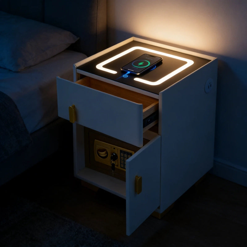 Smart Nightstand w/ Drawer & Safe Wireless Charging Nightstand Solid Wood Night Stand w/ 2 Drawers LED Bedside Tables for Bedroom