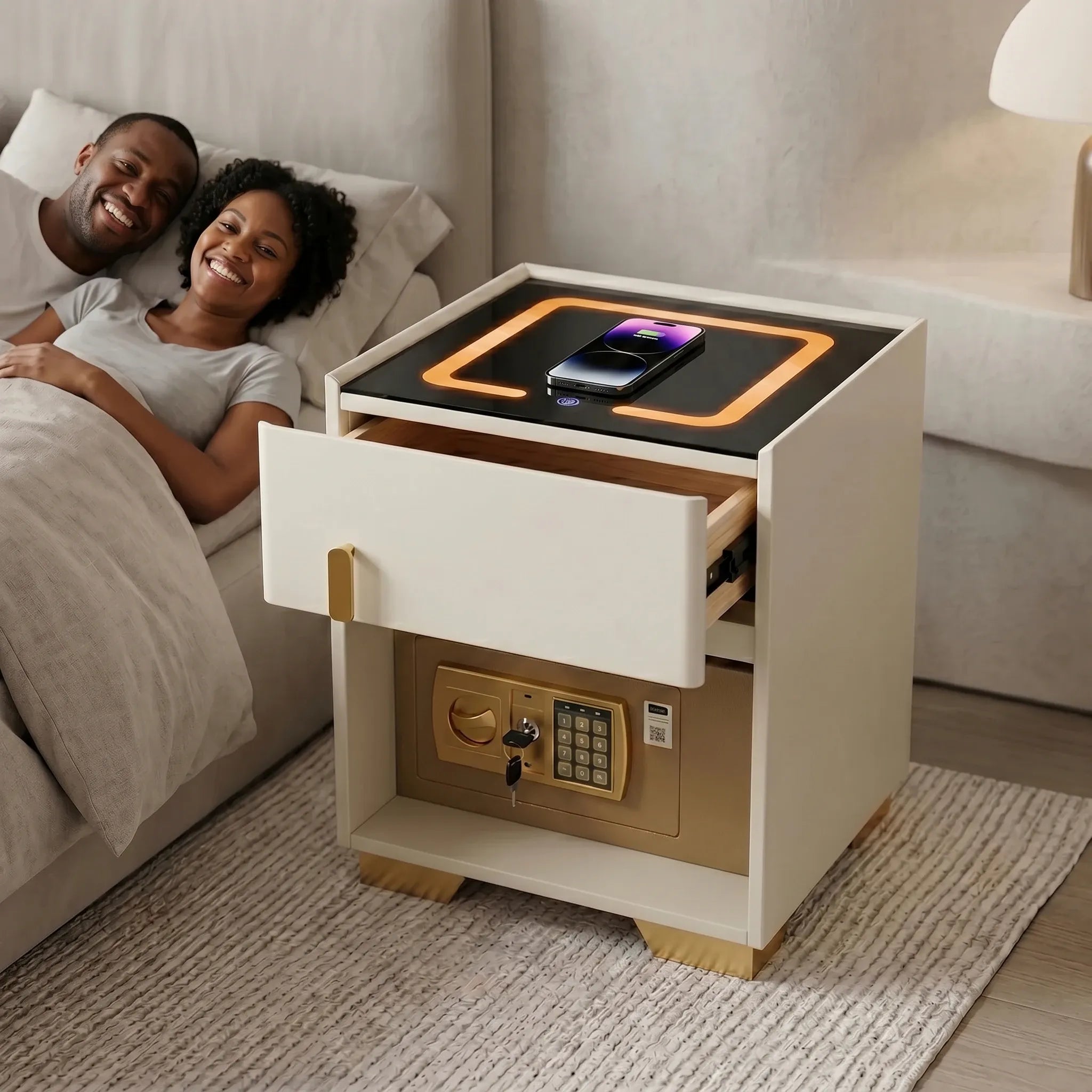 Smart Nightstand w/ Drawer & Safe Wireless Charging Nightstand Solid Wood Night Stand w/ 2 Drawers LED Bedside Tables for Bedroom